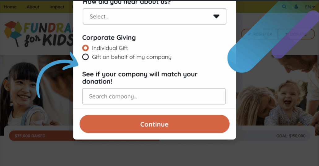 Example image of the Double the Donation search tool DonorDrive's updated modal forms
