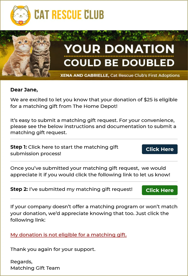 Corporate matching gift program email example as part of donor stewardship