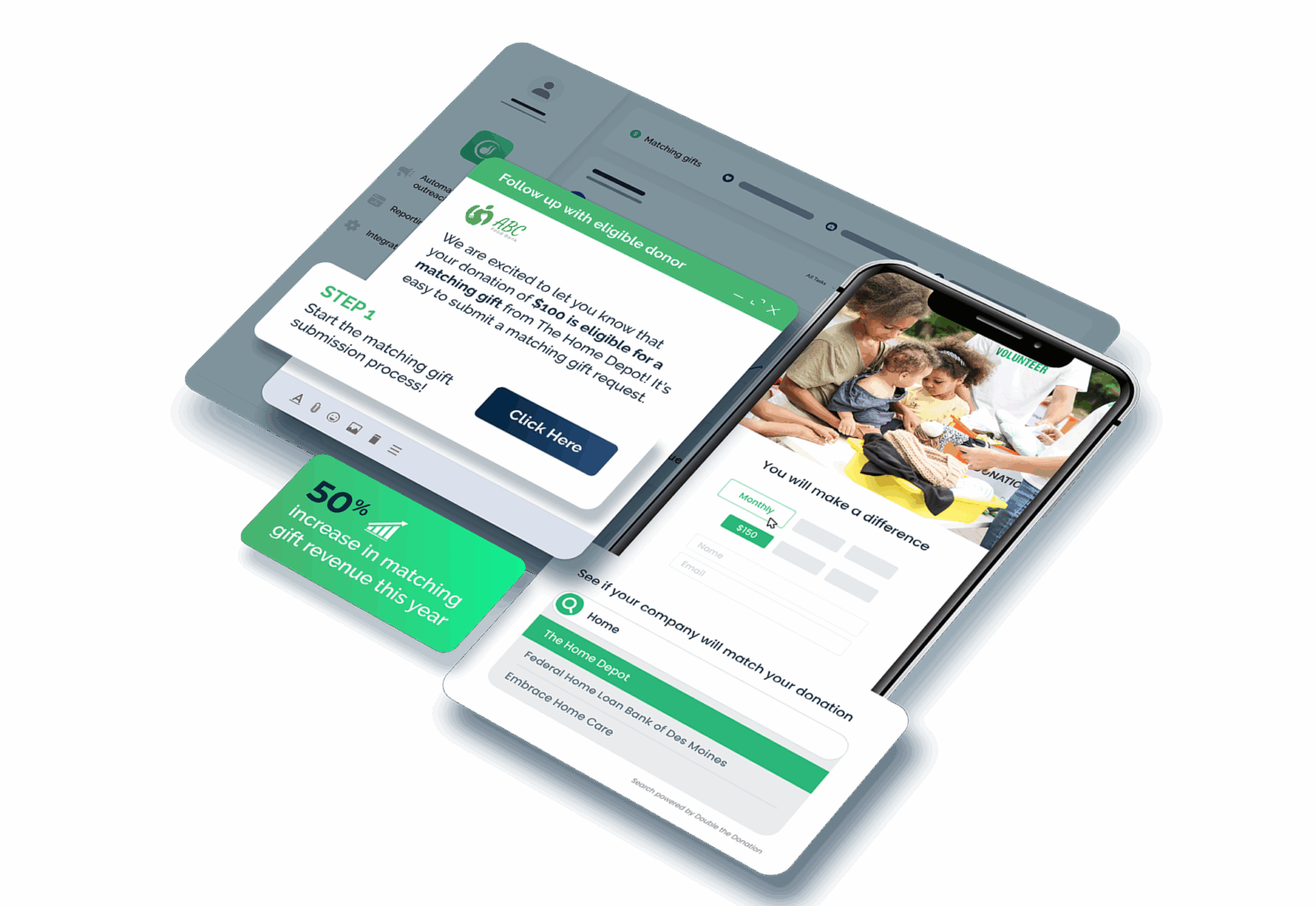 See how our matching gift software helps grow revenue Double the Donation matching gift software interface