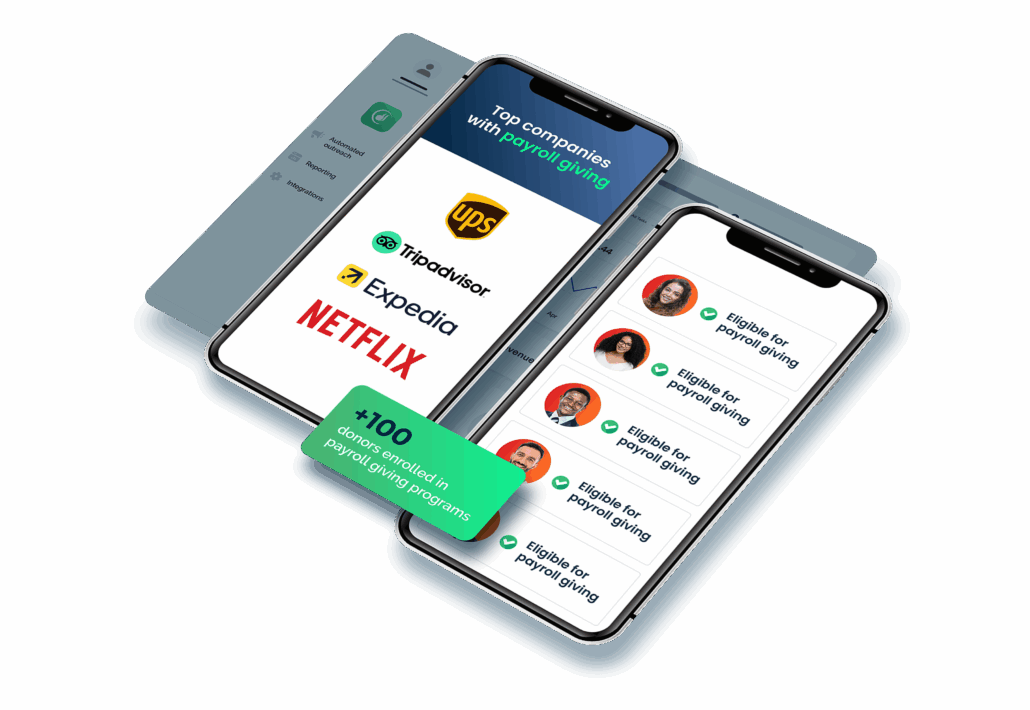 Identify supporters eligible for payroll giving programs View of dashboard insights from Double the Donation payroll giving solution