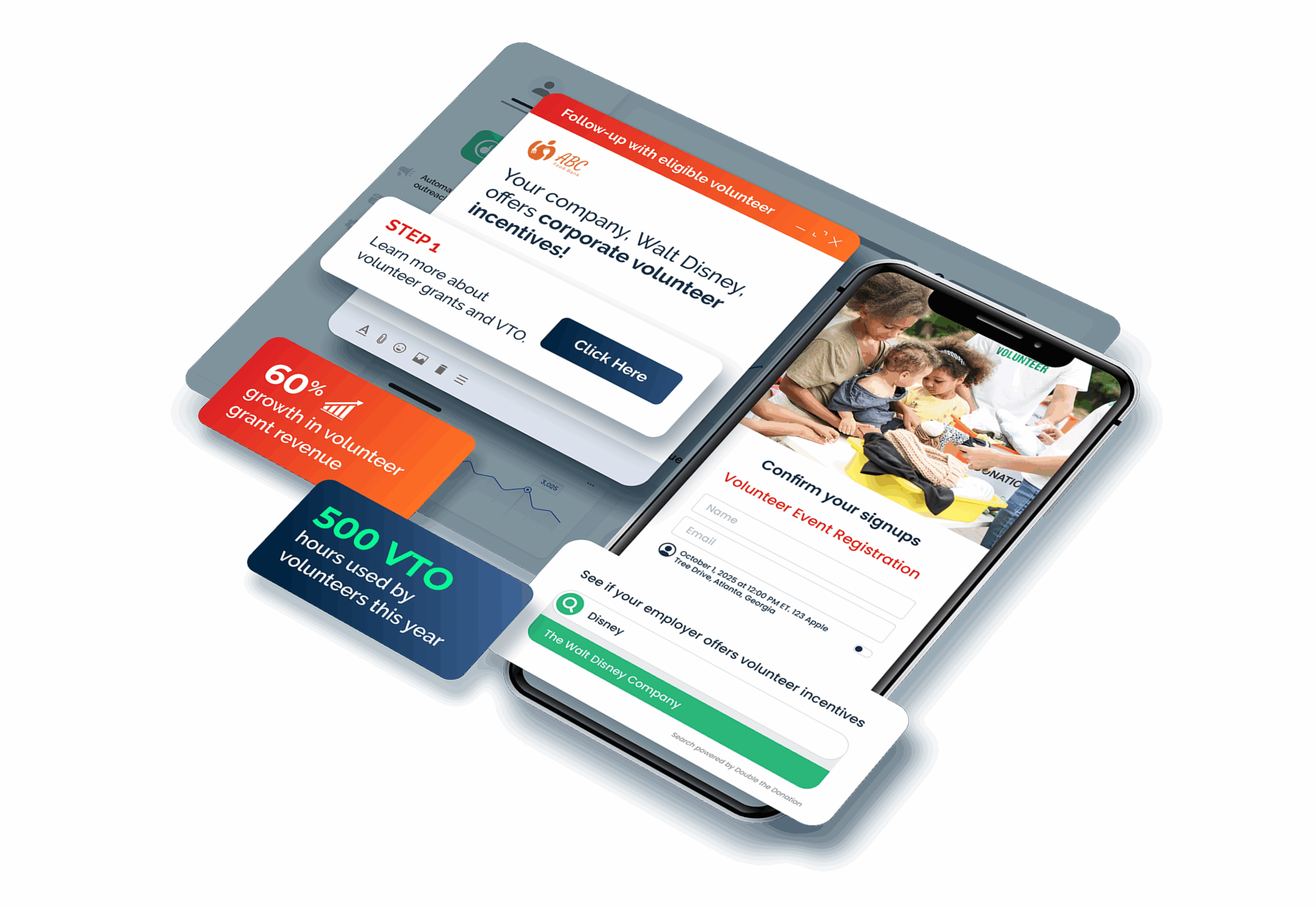 Use smart automation tools to grow volunteer grants and VTO at your nonprofit Volunteer grant software interface from Double the Donation